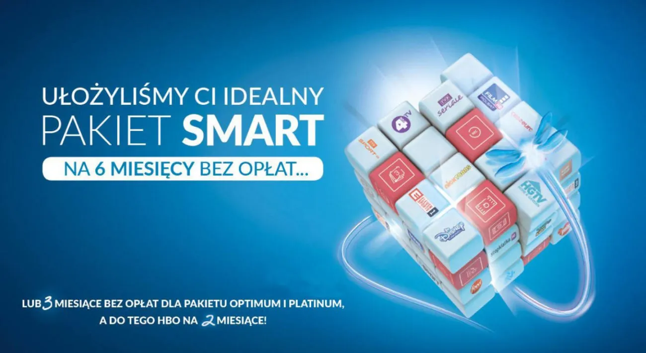 Kostka z logotypami kanałów – promocja „Ułożyliśmy Ci idealny pakiet SMART na 6 miesięcy bez opłat”